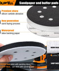 5 Inch Sanding Discs Set 120 Pack Hook And Loop 8 Hole Silicon Carbide Wet Dry with interface pad, shown in hand.