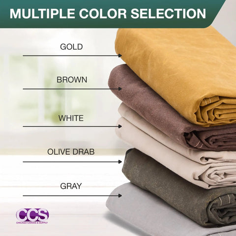 Stack of multi-colored waterproof canvas tarp covers including gold, brown, white, olive drab, and gray.