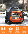 Dual Fuel Portable Generator With 3500W Peak And 3200W Rated Gas Or 3100W Peak Propane on patio with specs displayed