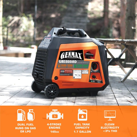 Dual Fuel Portable Generator With 3500W Peak And 3200W Rated Gas Or 3100W Peak Propane on patio with specs displayed