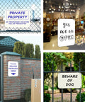 Collage of metal signs: Private Property, Open sign, Delivery packages, and Beware of Dog on various displays.
