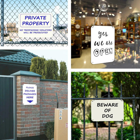 Collage of metal signs: Private Property, Open sign, Delivery packages, and Beware of Dog on various displays.