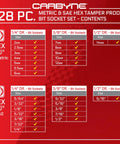 Tamper-Proof Hex Socket Set With 28 Allen Bits, SAE And Metric Sizes chart, showing socket sizes and types for each drive.