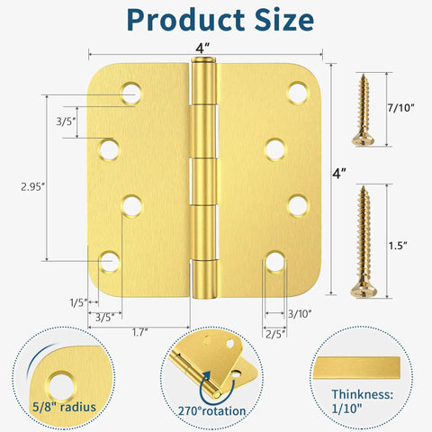 Three Pack Four Inch Exterior Door Hinges Brushed Gold With Five Eighths Inch Radius Corners Removable Pin Heavy Duty For Front And Back Doors