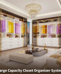 White Modular Closet System, Set Of 4 With 12 Drawers And 8 Rods, showcasing organized garments and storage in modern setting.