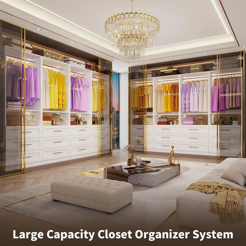 White Modular Closet System, Set Of 4 With 12 Drawers And 8 Rods, showcasing organized garments and storage in modern setting.