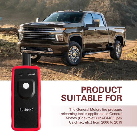 Zero Hassle TPMS Relearn Reset Tool and Tire Pressure Sensor Programmer for Universal Cars Trucks SUVs Clears Dashboard Warning Lights Rock Solid EL-50449 in use with a truck.
