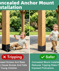 Heavy Duty 4x4 Post Base Uses Concealed Fasteners And Hidden Bolts For Secure Outdoor Deck Railings. Child-safe installation illustration.