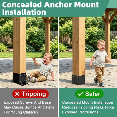 Heavy Duty 4x4 Post Base Uses Concealed Fasteners And Hidden Bolts For Secure Outdoor Deck Railings. Child-safe installation illustration.