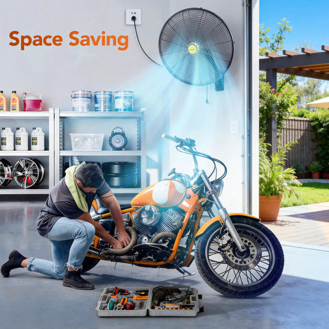 Beastly 20 Inch High Velocity Metal Industrial Oscillating Wall Fan with motorcycle in garage setting
