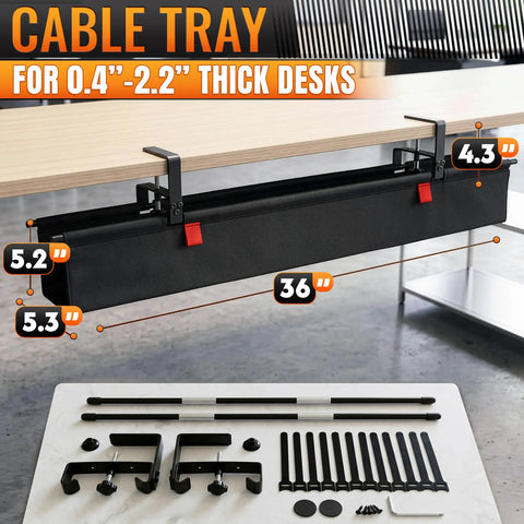 36 Inch Under Desk Cable Management Tray With No Drill Clamp On And Built In Ties, heavy duty metal clamp and accessories shown