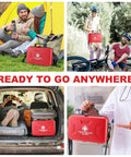 Gevoke red 410-piece waterproof hard-shell first aid kit; shown for camping, biking, and car travel.