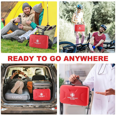 Gevoke red 410-piece waterproof hard-shell first aid kit; shown for camping, biking, and car travel.