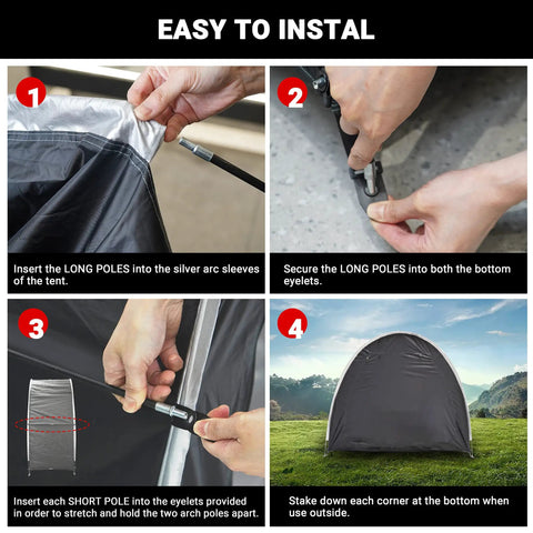 Instructions for setting up All Weather Two Bike Shed Tent With Double Doors PU4000 Silver Coated 210D Oxford Fabric Shelter