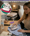 Woman using mini iron with compact mini iron rest silicone heat resistant mat for no fuss crafting sewing and quilting supplies in travel setup