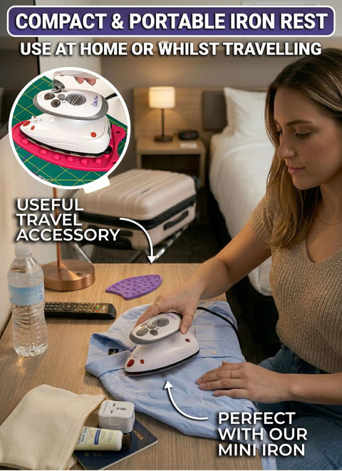 Woman using mini iron with compact mini iron rest silicone heat resistant mat for no fuss crafting sewing and quilting supplies in travel setup