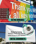 Personalized Vinyl Banner For Any Occasion Create Large 2 By 1 Foot To 20 By 10 Foot Signs For Business Birthdays Weddings Parties Holidays Graduation Outdoor And Indoor Use Attention Grabbing Full Color Printing Ready To Hang displayed with rainbow design and metal grommets.