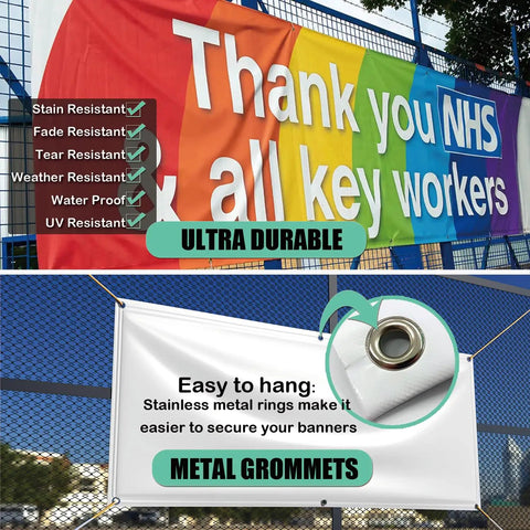 Personalized Vinyl Banner For Any Occasion Create Large 2 By 1 Foot To 20 By 10 Foot Signs For Business Birthdays Weddings Parties Holidays Graduation Outdoor And Indoor Use Attention Grabbing Full Color Printing Ready To Hang displayed with rainbow design and metal grommets.