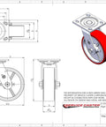 Set Of 4 Heavy Duty Swivel Casters With 6 Inch Red Polyurethane On Cast Iron Wheels including bolt on locks. Technical drawing.