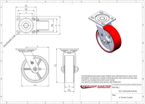 Set Of 4 Heavy Duty Swivel Casters With 6 Inch Red Polyurethane On Cast Iron Wheels including bolt on locks. Technical drawing.