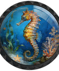 Four Pack Blue Seahorse Cabinet Knobs For Kitchen And Bath, Ocean Theme Drawer Pulls with coral and starfish detail, vintage underwater vibe