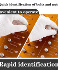 Dual SAE And Metric Nut And Bolt Thread Gauge Set For Quick No Fuss Precision Identification in use by a gloved hand.