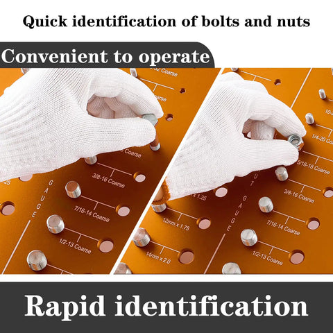 Dual SAE And Metric Nut And Bolt Thread Gauge Set For Quick No Fuss Precision Identification in use by a gloved hand.