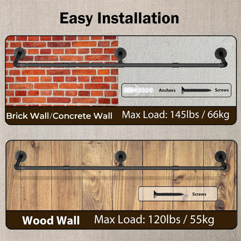 Wall Mounted Clothes Rack 72.5in Industrial Pipe Vibe Heavy Duty Detachable Iron Garment Bar installation on different walls
