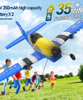 Foam RC Airplane For Beginners With 6 Axis Gyro Stabilizer And 2.4GHz Remote flying over kids on grass field