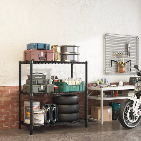 Beefy 3 Tier Wire Shelving Unit With 1200 Lbs Total Capacity And 400 Lbs Per Shelf in garage holding tools and tires