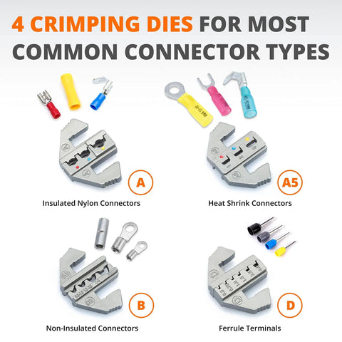 Ratcheting Crimping Tool Set Five Piece for Heat Shrink Connectors Nylon Non Insulated Ferrule Terminals Pro Grade Wire Crimper Kit for Easy Clean Crimps