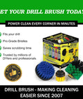 Product packaging with three colorful drill brush attachments for cleaning. Medium drill brush attachments for cleaning tile grout dishes pots pans air fryers and boat hulls cordless power spin scrubber drill attachment electric dish scrubber spin brushes that work with any drill shown in packaging.