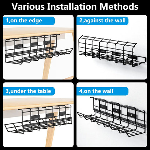2 Pack Under Desk Cable Management Tray Set with various installation methods on table and wall, heavy duty metal cord organizer with pre drilled holes