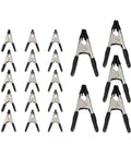 Flat lay of Amazon Basics 20-piece steel spring clamp set with PVC-coated jaws; includes 15× 3/4-inch and 5× 1-inch clamps.