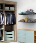 Heavy-Duty Wall Mounted Garage Shelves 2 Pack Metal Storage Racks Black 23.5 By 12 Inches Durable Powder-Coated Steel Shelves Space Saving Organizer for Workshop Shed and Shop installed in closet with folded clothes.