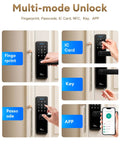 Smart Door Lock With Lever Handle And WiFi Keyless Entry Fingerprint Deadbolt App Control And Touchscreen Keypad For Front Door 5 In 1 Unlocking Methods shown in use