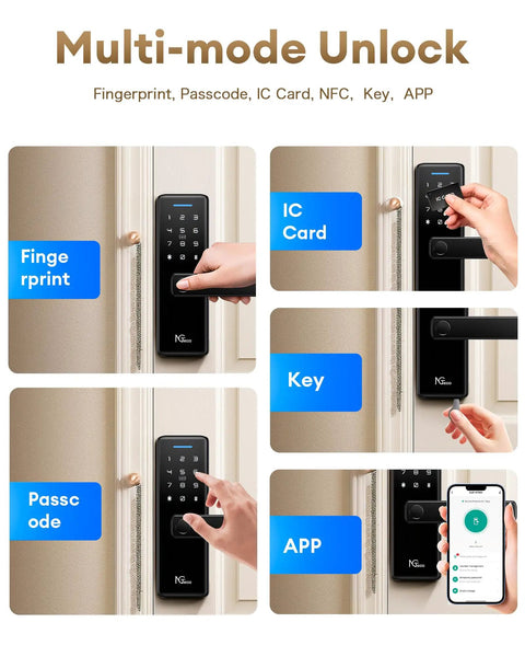 Smart Door Lock With Lever Handle And WiFi Keyless Entry Fingerprint Deadbolt App Control And Touchscreen Keypad For Front Door 5 In 1 Unlocking Methods shown in use