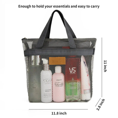 Mesh Shower Caddy Bag Portable Hanging Toiletry Organizer with zipper and toiletries inside, dimensions 11.8 x 11 x 3.8 inches