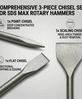 Close-up of 24 Inch SDS Max Chisel Bits Set 3 Piece Extra Long Demolition Kit showing point, flat, and scaling chisel heads.