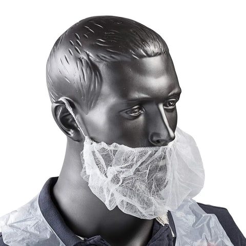 Latex Free Polypropylene Beard Protector for Food Service And Industrial Use on mannequin display.