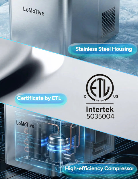 Countertop Ice Maker With 45 Lbs Per Day Output And Self Priming Water Supply Delivers Crystal Clear Ice Cubes In 13 Minutes, 24 Cubes Per Batch, Six Ice Thickness Levels, Stainless Steel Home Kitchen Bar Machine For Office showing stainless steel housing, ETL certification, and high-efficiency compressor.