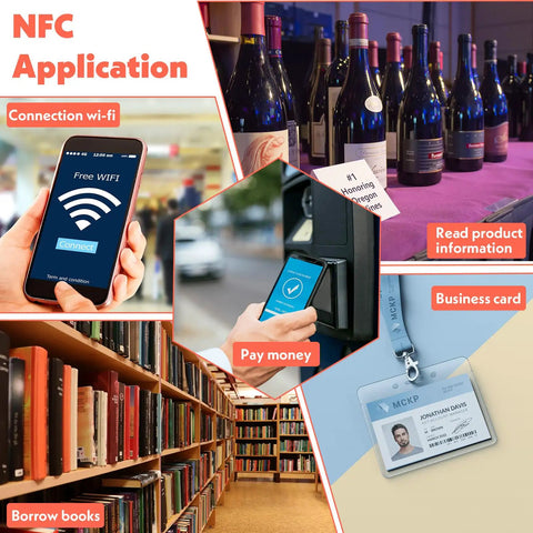 Image showing NFC applications like Wi-Fi connection, payment, product info, book borrowing, and business card use.