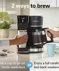 Two Way Programmable Drip Coffee Maker For Hot And Iced Brews With Single Serve Option Glass Carafe Auto Pause And Pour AquaFlow Showerhead For Rich Flavor 12 Cup Capacity Black showing two brewing options
