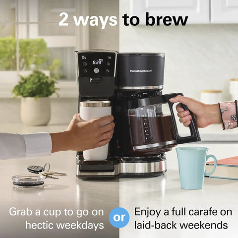Two Way Programmable Drip Coffee Maker For Hot And Iced Brews With Single Serve Option Glass Carafe Auto Pause And Pour AquaFlow Showerhead For Rich Flavor 12 Cup Capacity Black showing two brewing options
