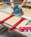 Go Ahead And Nail Those Perfect Board Cuts With This Premium Complete Track Saw Parallel Guide System Extending 0 To 68 Inches Featuring Micro Adjustable Flip Stops, showing micro-adjustment knob in use