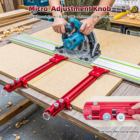 Go Ahead And Nail Those Perfect Board Cuts With This Premium Complete Track Saw Parallel Guide System Extending 0 To 68 Inches Featuring Micro Adjustable Flip Stops, showing micro-adjustment knob in use