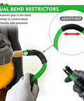Top Shelf Hybrid Air Compressor Hose 3/8 Inch X 25 Feet Kink Free Kickass Flex Build showcasing adjustable dual bend restrictors.