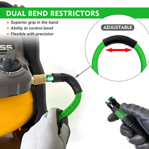 Top Shelf Hybrid Air Compressor Hose 3/8 Inch X 25 Feet Kink Free Kickass Flex Build showcasing adjustable dual bend restrictors.