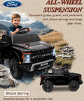 Child riding Ford F-150 Raptor Licensed 12V Ride On Truck For Kids with Parent Remote and LED lights on rocky terrain