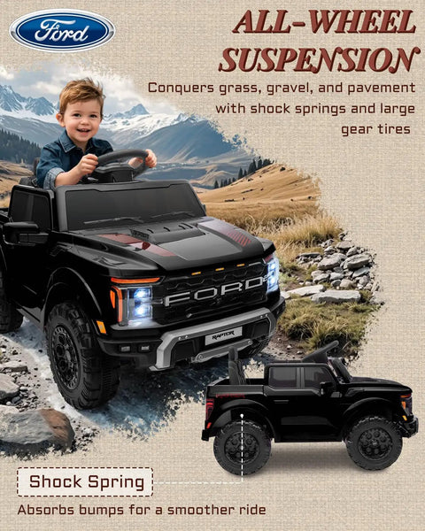 Child riding Ford F-150 Raptor Licensed 12V Ride On Truck For Kids with Parent Remote and LED lights on rocky terrain
